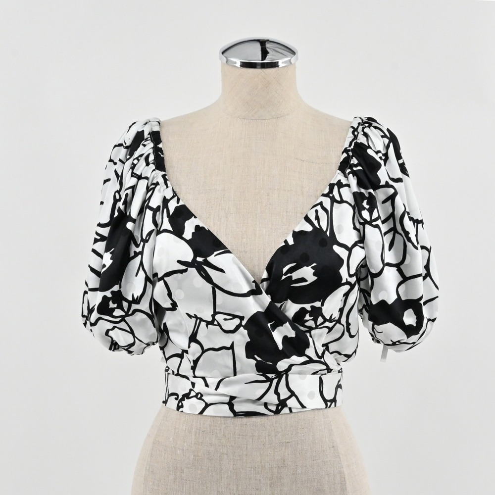 Ronny Kobo Zano Top Womens Size 4 Black White Floral‎ Wrap Crop Puff Sleeve OTS